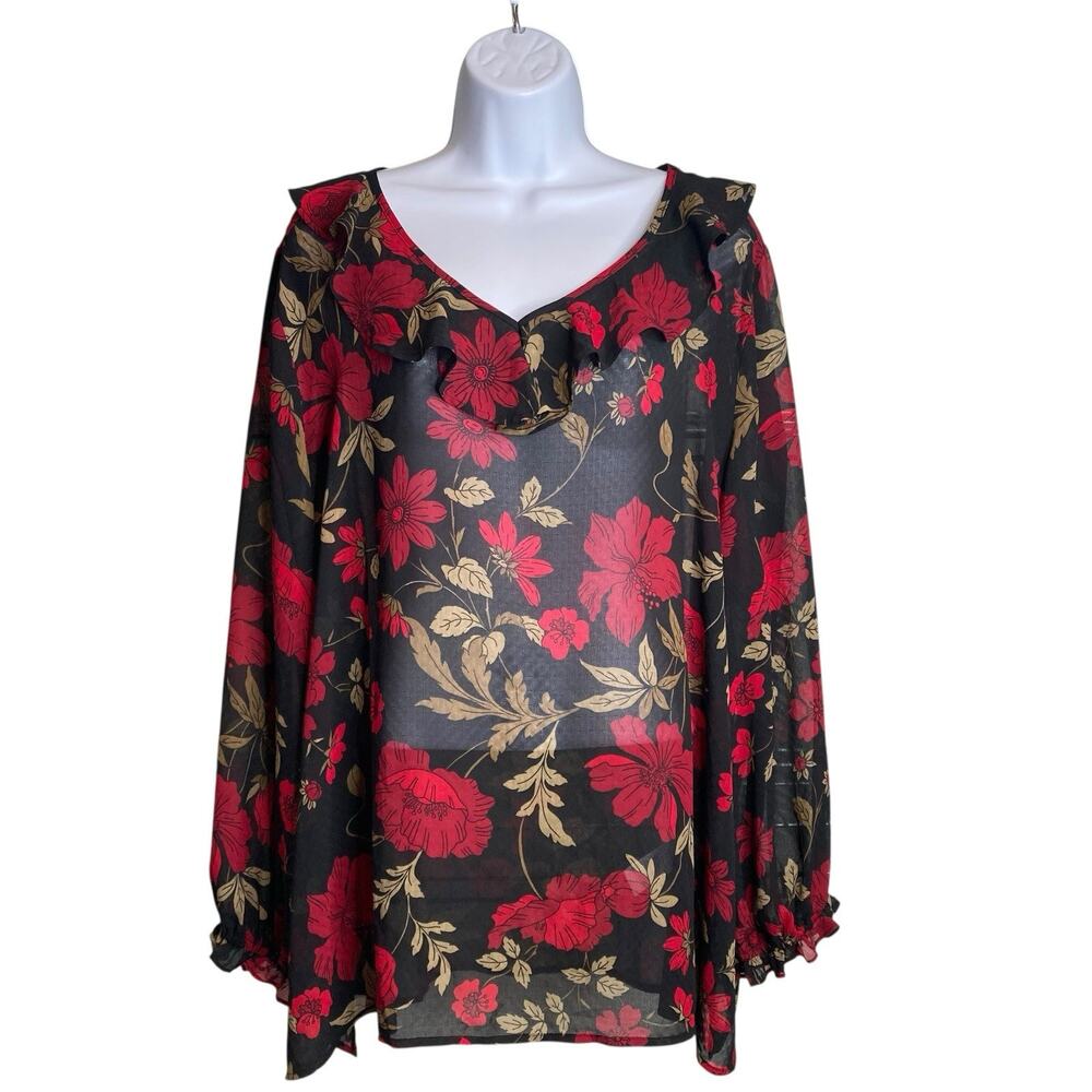 Susan Graver Womens Red Floral Bold Print Sheer Ruffle Blouse Size XL Flowy Boho